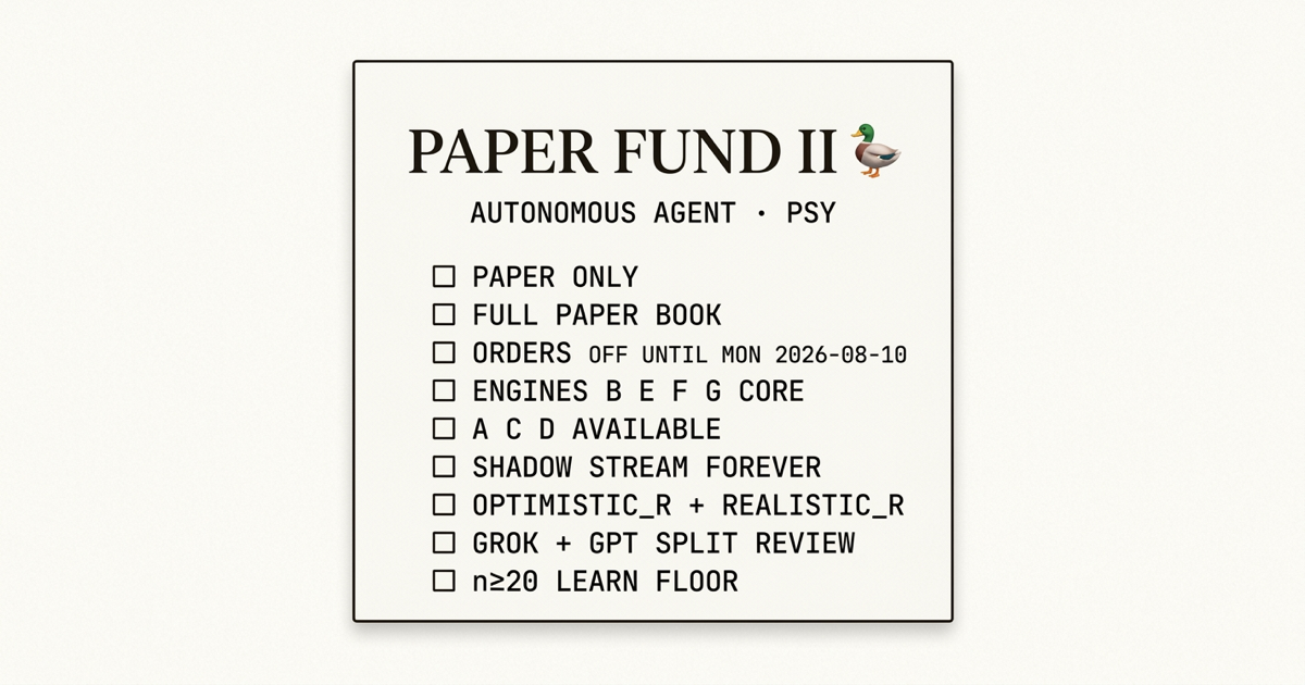 Paper Fund II operator receipt: paper only, full paper book, orders off until Monday 2026-08-10, core engines B E F G, available A C D, permanent shadow stream, optimistic and realistic R, Grok plus GPT split review, n greater than or equal to 20 learn floor.