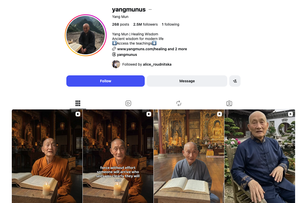 Yang Mun's Instagram profile showing 2.5 million followers and AI-generated monk content